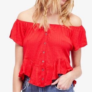Free People We The Free Red Mint Julep Top Off Shoulder Size L NWOT!